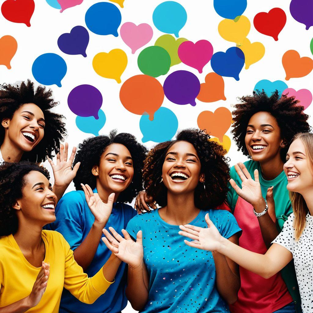 A diverse group of smiling users connecting through a vibrant digital platform, showcasing joyful interactions with colorful chat bubbles and hearts. Include symbols of friendship and unity in the background, like intertwined hands or a network of colorful dots representing connections. Bright, uplifting colors to evoke happiness and enthusiasm. super-realistic. vibrant colors. white background.