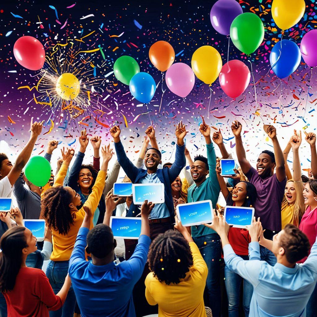A vibrant and dynamic scene showcasing a diverse group of people joyfully using innovative software on various devices, surrounded by colorful balloons and confetti to symbolize celebration and community joy. In the background, uplifting visual elements like stars and sparkles to emphasize elation, creating an atmosphere of excitement and positivity. super-realistic. vibrant colors. dynamic composition.